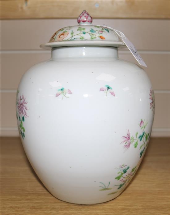 A late 19th century Chinese famille rose ginger jar and cover, 9.75in.